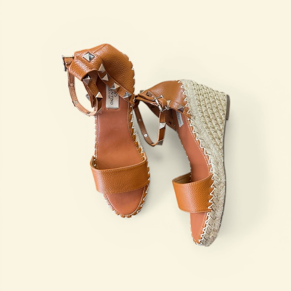 Valentino Garavani Tan Leather Espadrille Wedges